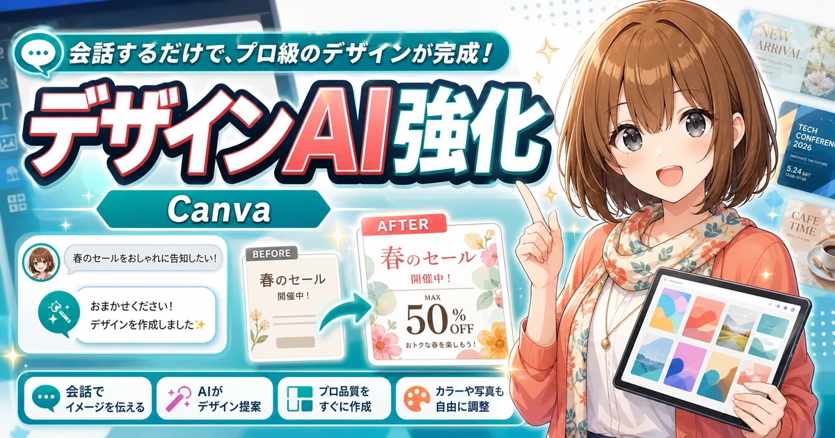 Canva AI 2.0のデザイン作成を紹介するもこのアイキャッチ
