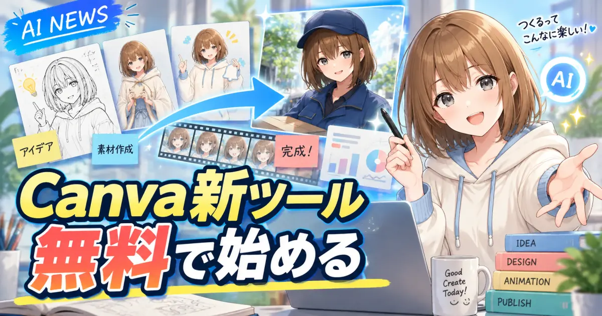 Canvaの新しい制作ツールを前に、もこがアイデアから仕上げまでの流れを案内するサムネイル