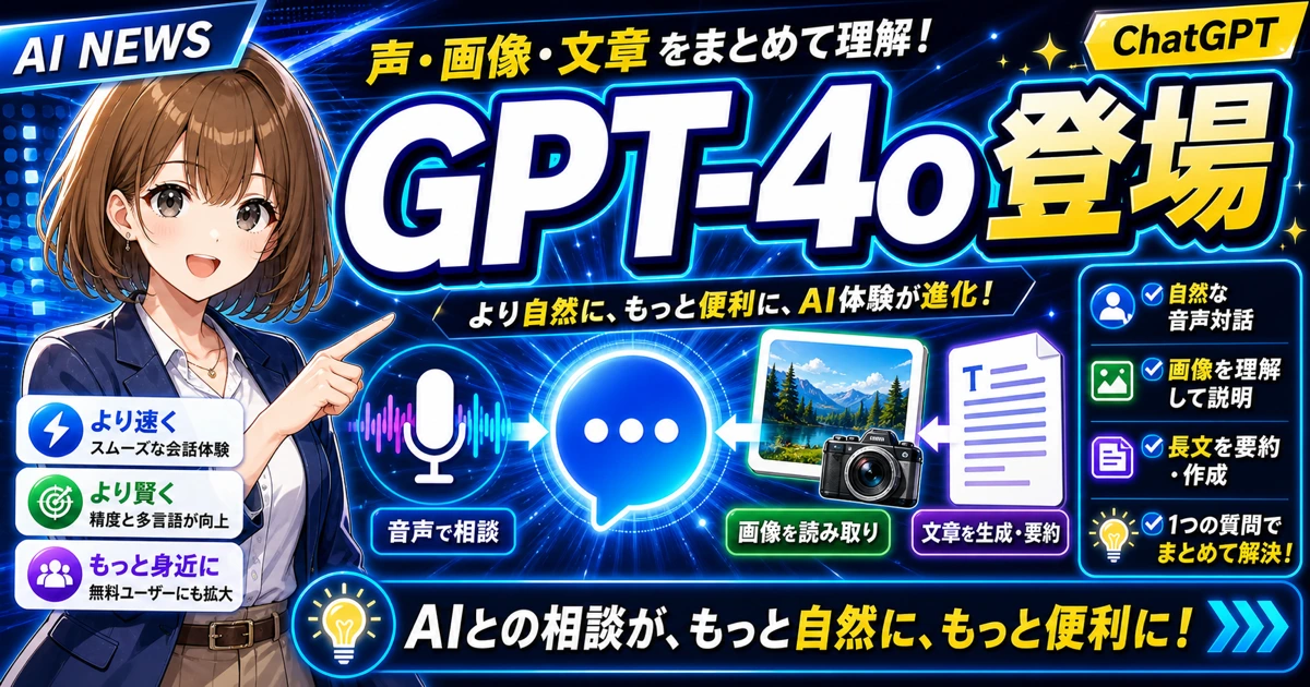 GPT-4oで声や画像を扱いやすくなったことを説明するもこのサムネイル