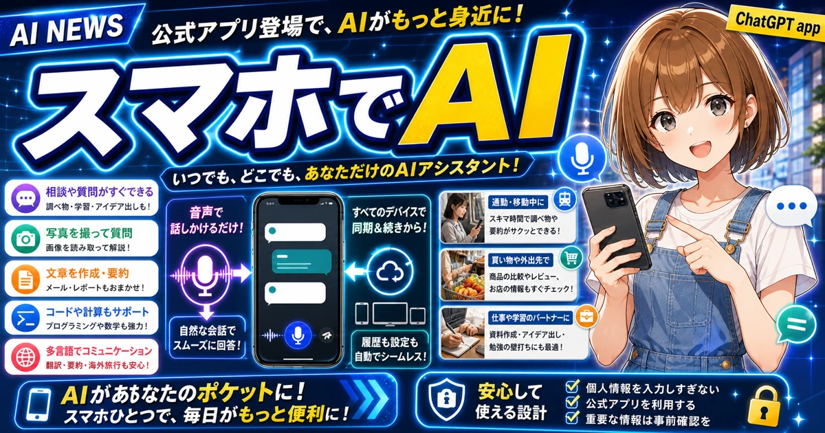 ChatGPT iOSアプリでスマホからAI相談しやすくなることを説明するもこのサムネイル