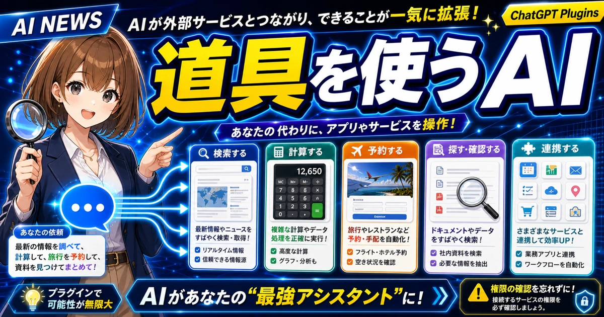 ChatGPT PluginsでAIが外部サービスを使う仕組みを説明するもこのサムネイル