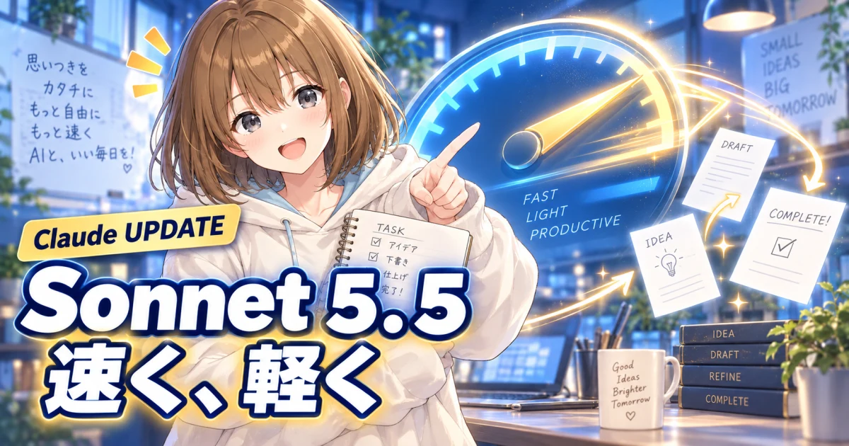 Claude Sonnet 5.5の速度向上をもこが大きなメーターで案内するサムネイル