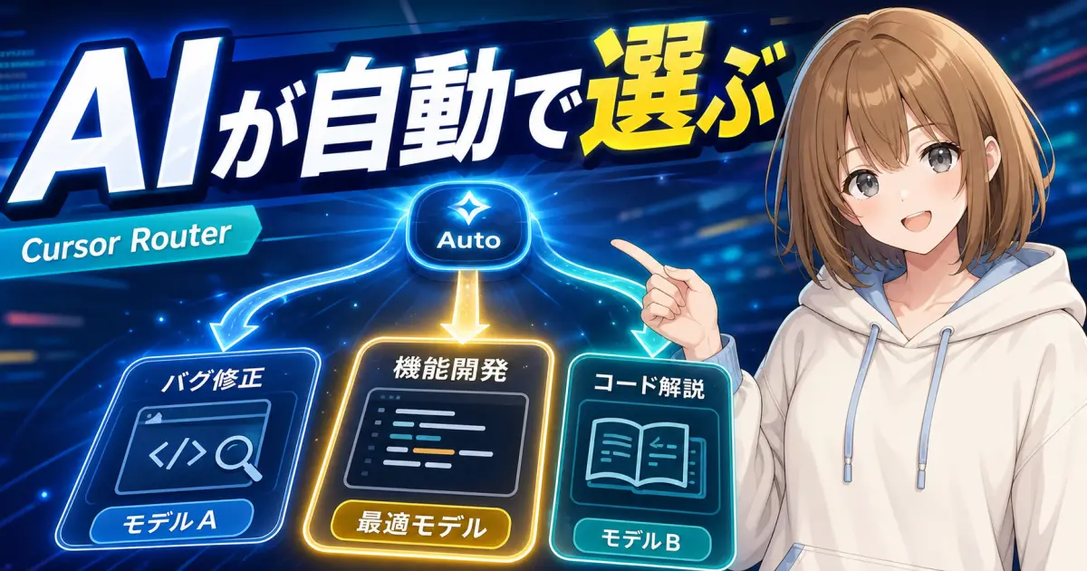 Autoの分岐を指さし、作業に合うAIを選ぶ流れを案内するもこ