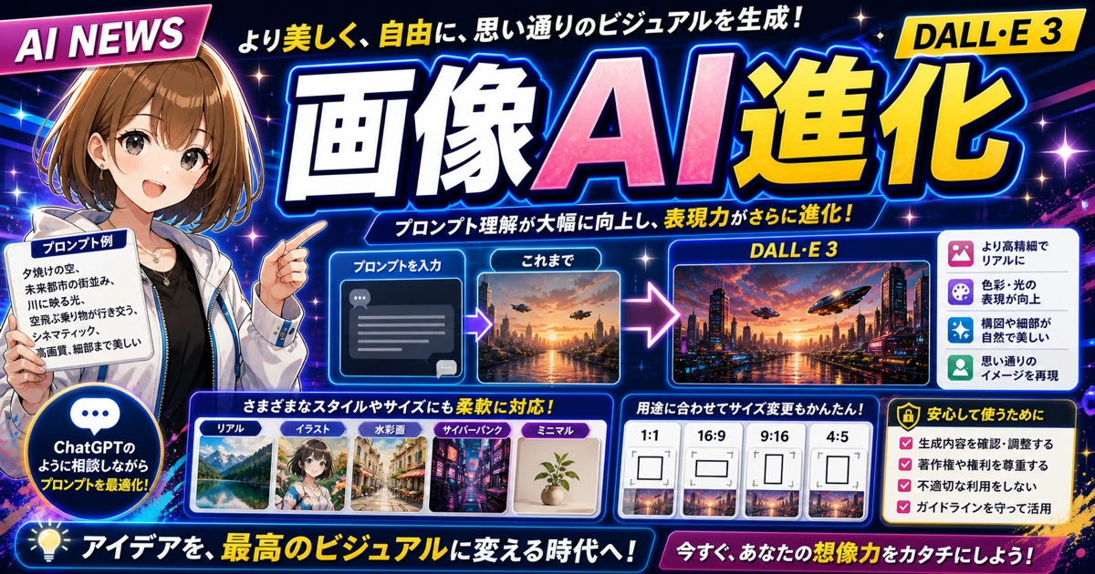 DALL·E 3で画像生成がChatGPTと使いやすくなることを説明するもこのサムネイル