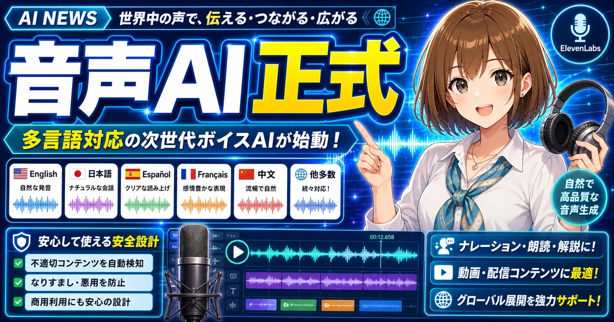 ElevenLabs正式版と多言語音声AIを案内するもこのサムネイル