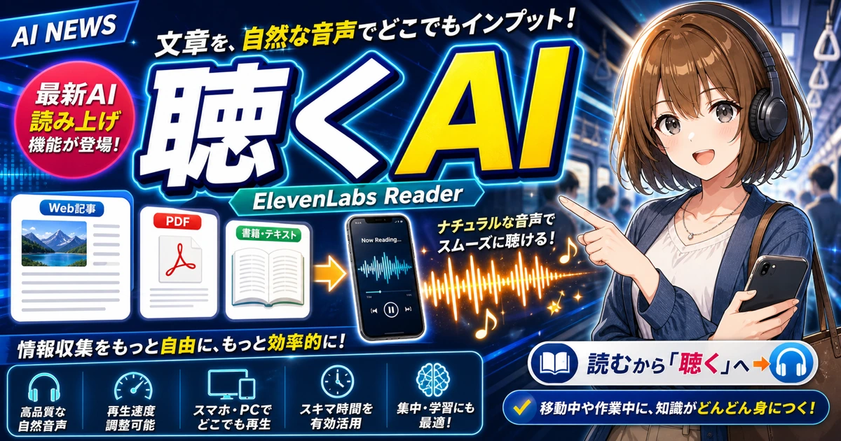 ElevenLabs Readerアプリで文章を音声で聴けることを説明するもこのサムネイル