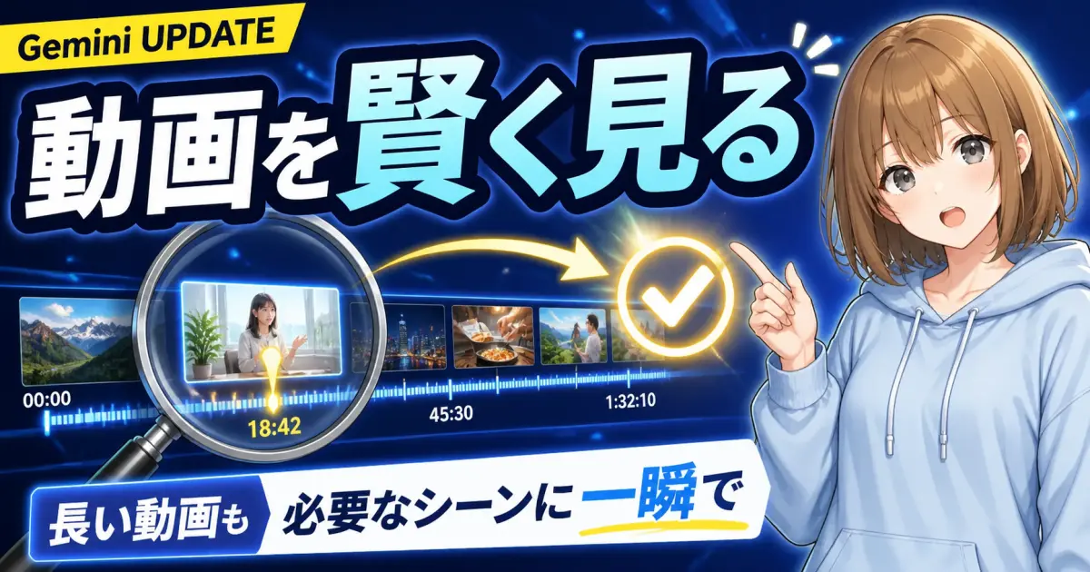 長い動画のタイムラインから必要な場面を見つけるGeminiの新機能を、虫眼鏡を持つもこが案内する画像