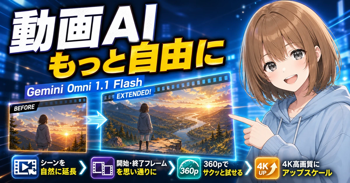 動画を延長するイメージを見ながらGemini Omni 1.1 Flashの新機能を案内するもこのサムネイル