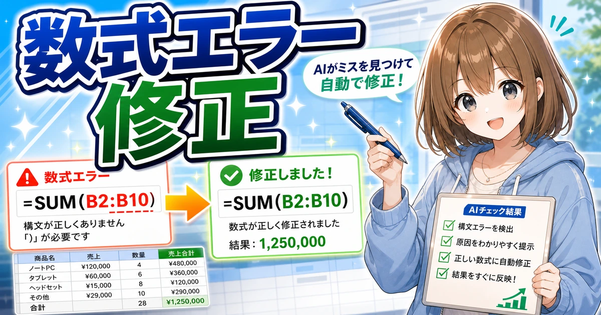 Gemini in Google Sheetsの数式エラー修正機能をやさしく伝えるもこのアイキャッチ
