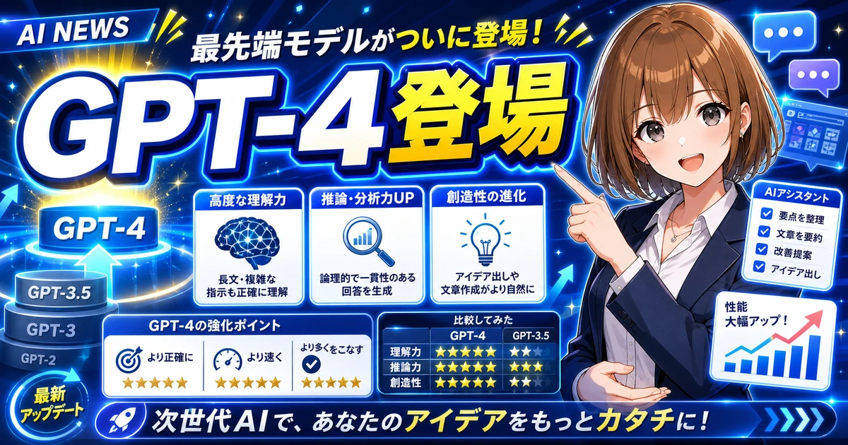 GPT-4発表の要点を案内するもこのニュースサムネイル