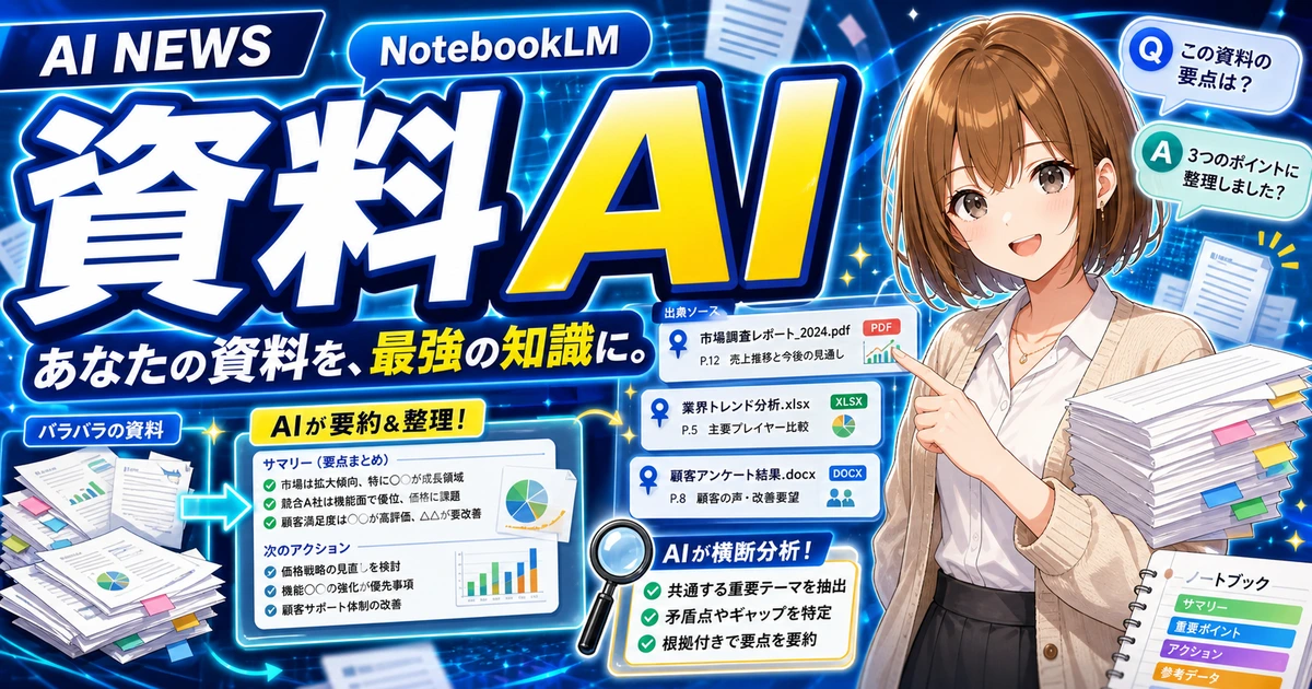 NotebookLMの発表を資料整理の入口として案内するもこのサムネイル