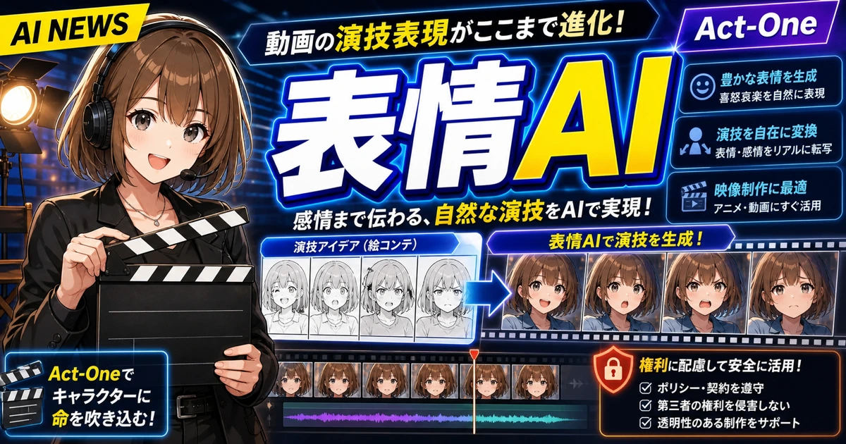 Runway Act-Oneで表情演技をAI動画へ反映しやすくなることを説明するもこのサムネイル