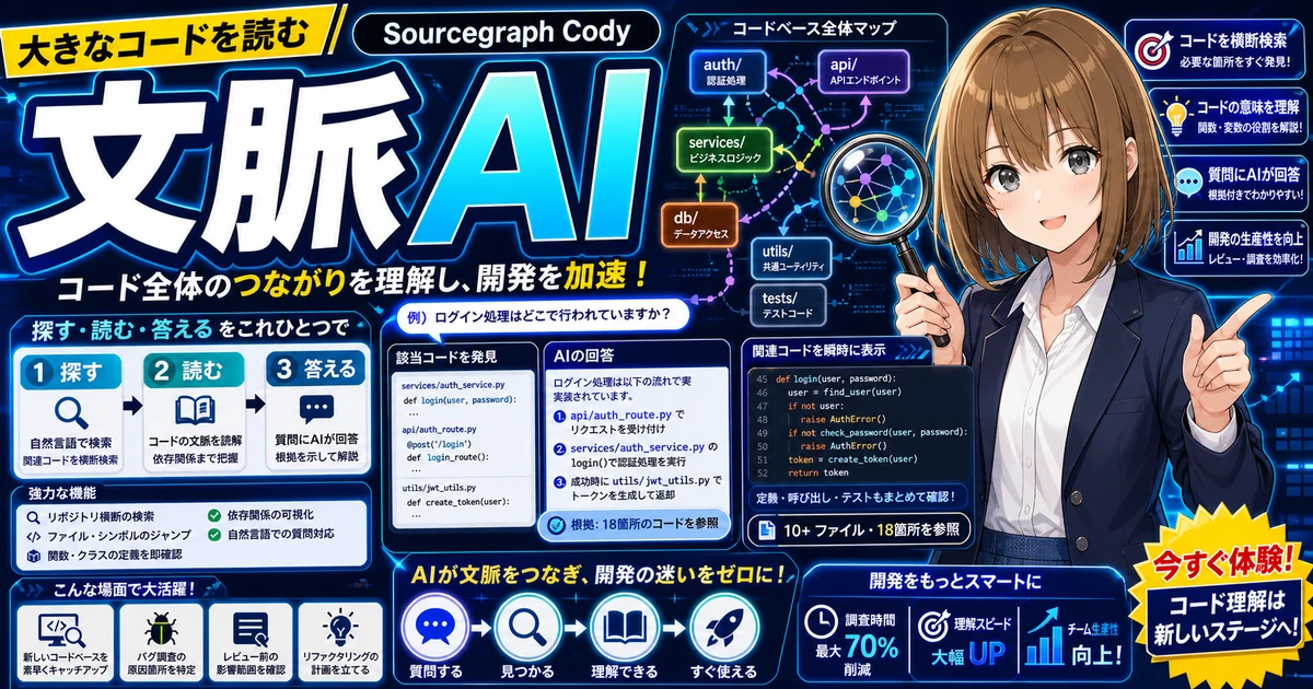 Sourcegraph Codyがコード文脈を探す様子を示すもこのサムネイル