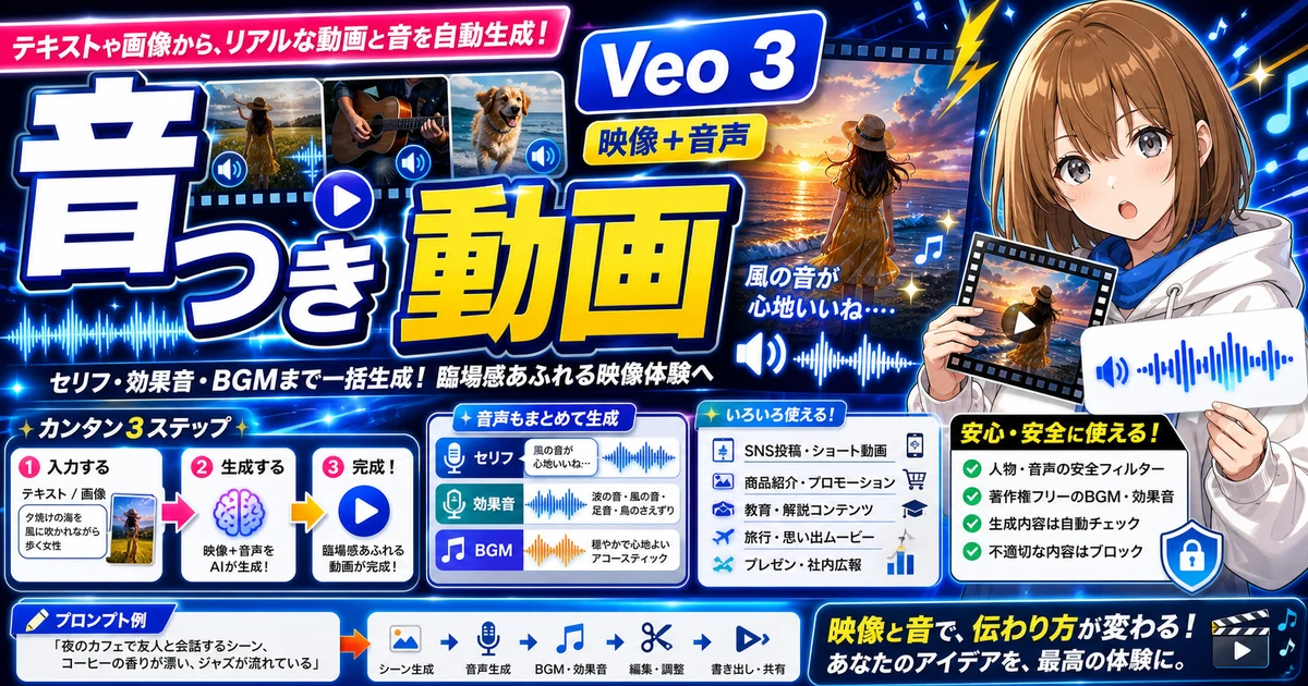 Veo 3の音つきAI動画を説明するもこのサムネイル