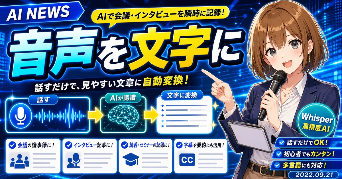 Whisper公開で音声を文字にしやすくなることを説明するもこのサムネイル