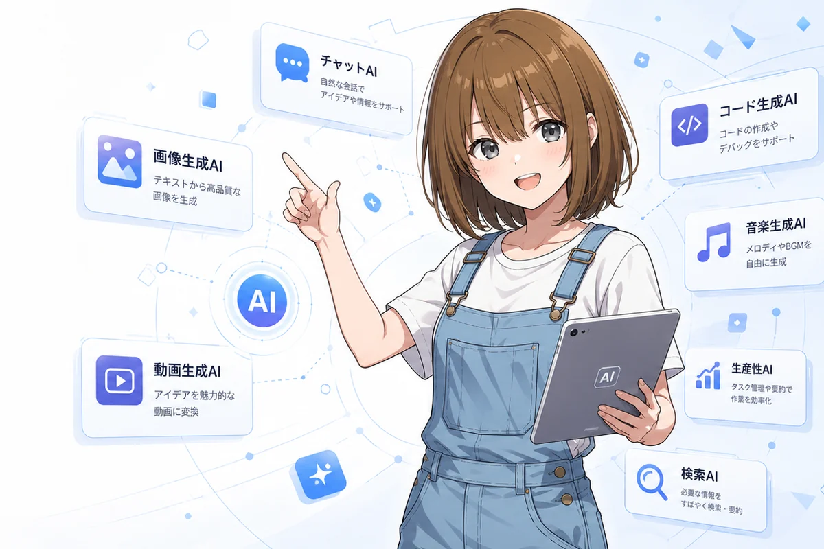 AIサービスを案内するモコ（もこのAIポータル手帳）
