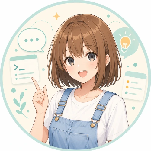 吹き出しと書類を前に説明する白シャツとデニムオーバーオールのモコ、更新履歴の案内役