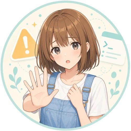 注意マークのそばで手のひらを見せるモコ