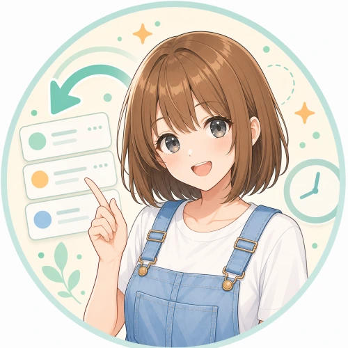 会話カードと時計のそばで手を上げるモコ