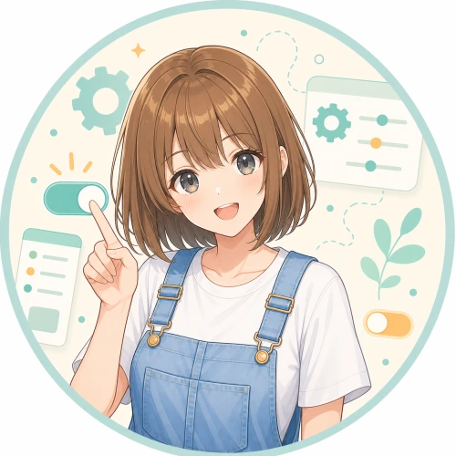 白シャツとデニムオーバーオールで設定を案内するモコ
