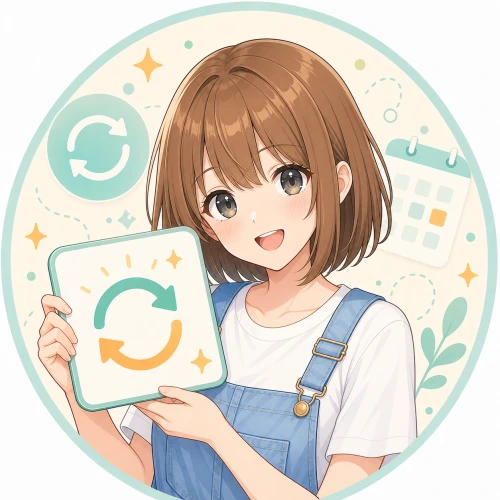 更新の循環矢印が描かれたカードを持つモコ