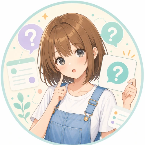 はてなマークのそばで首をかしげるモコ