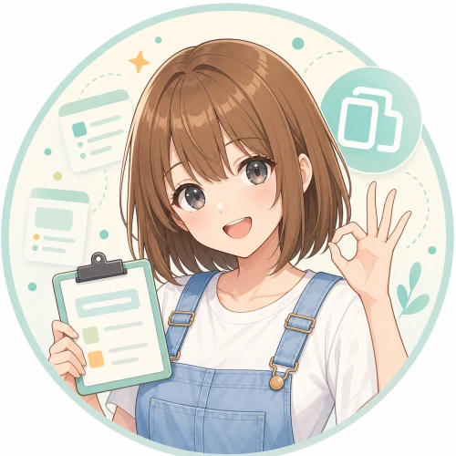 白シャツとデニムオーバーオールでクリップボードを持つモコ