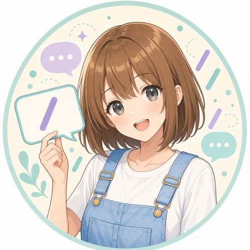 白シャツとデニムオーバーオールでスラッシュコマンドを案内するモコ