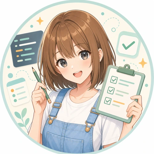 白シャツとデニムオーバーオールで確認リストを持つモコ