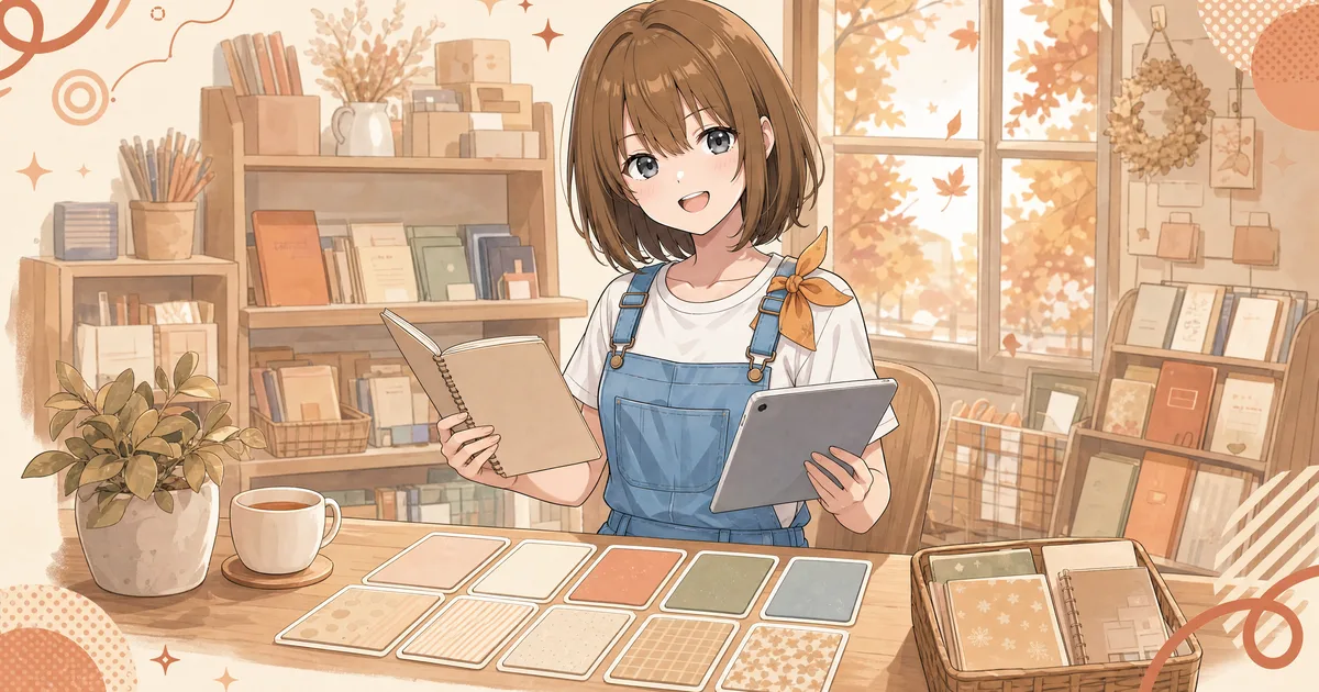 ツナギ姿の もこ が、手帳とタブレットを持ってAIサービスを見比べているイラスト
