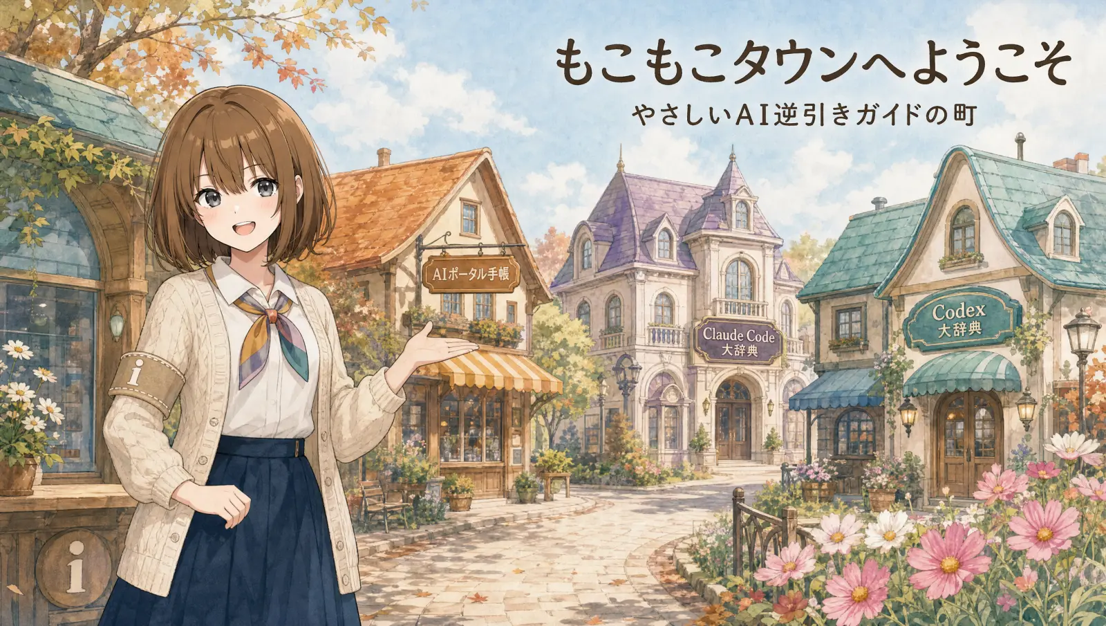 もこもこタウンへようこそ。やさしいAI逆引きガイドの町。町の案内所の もこ が、AIポータル手帳・Claude Code 大辞典・Codex 大辞典の3つの建物を案内しているイラスト
