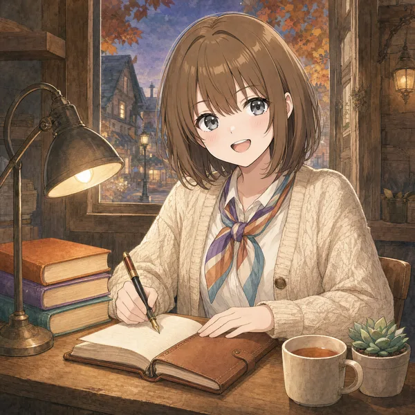 案内所の机で手帳に書き込みながら振り向く もこ のイラスト